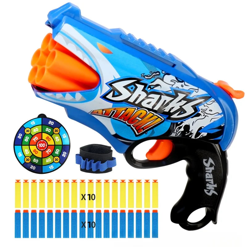 Children Air Soft Bullet Gun Toys Graffiti Shark Color Scheme 6-Round Automatic Safe Outdoor Shooting Sports Kids Boys Gifts