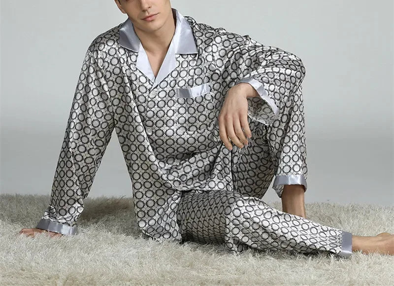 Men's Satin Ice Silk Printed Pajama Set – Long Sleeve Top & Pants, 10 Prints, Sizes L–3XL