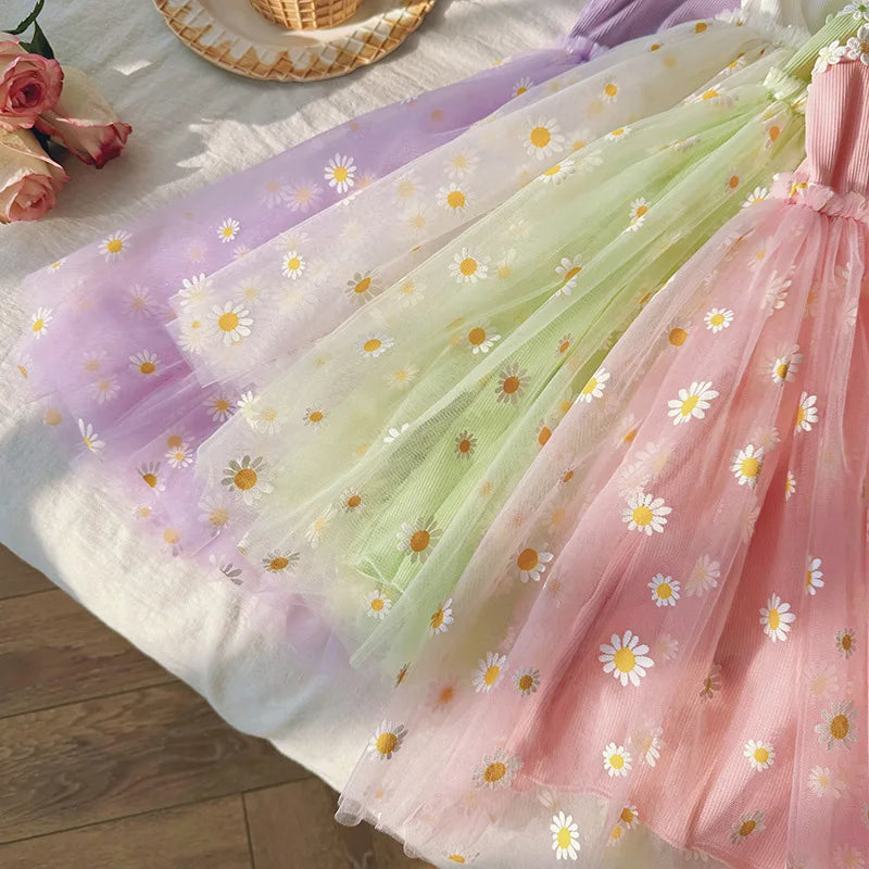 2026 Summer Girls Sling Dress Cute Daisy Print Tulle Skirt Casual Party Dress Kids Princess Dress with Lace Flower Trim 2-8Years