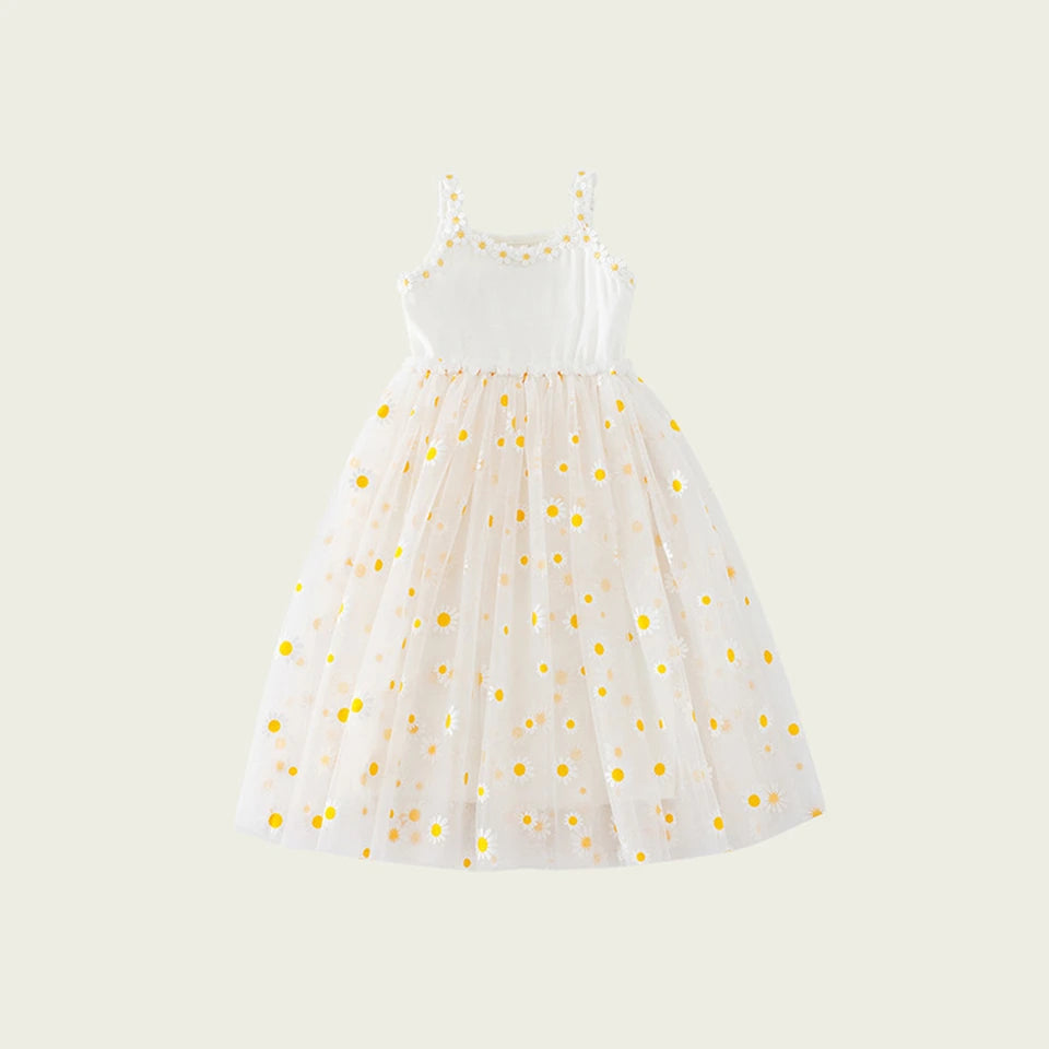 2026 Summer Girls Sling Dress Cute Daisy Print Tulle Skirt Casual Party Dress Kids Princess Dress with Lace Flower Trim 2-8Years
