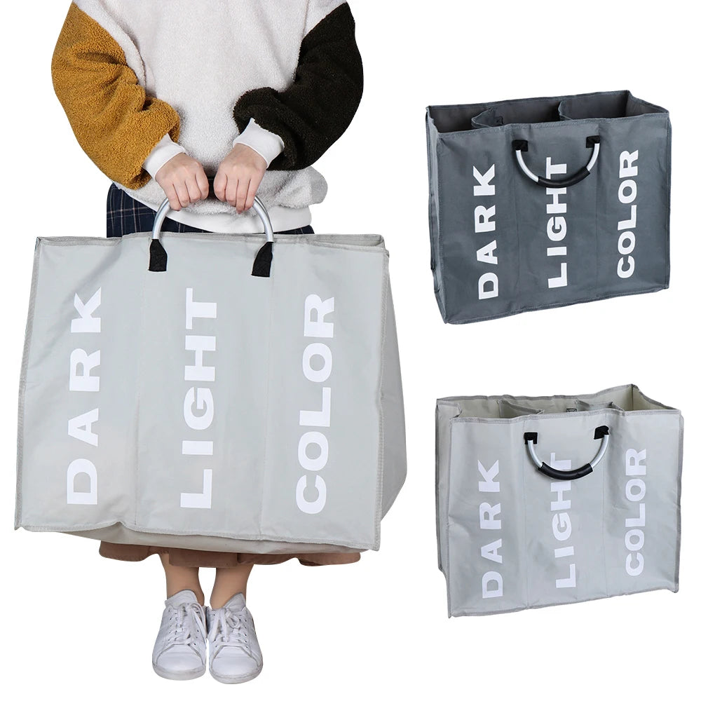 1PC Foldable Home Laundry Basket Large Dirty Laundry Basket Hamper 3 Section Oxford Cloth Dirty Clothes Bag with Aluminum Handle