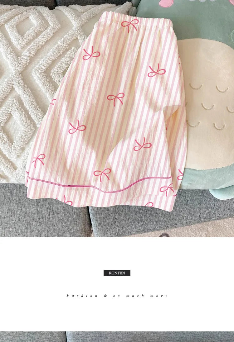 Women Summer Pajamas Three-piece Set Leisure Sleepwear Short Sleeve Lapel Sweet Bowknot Striped Print Homewear Female Loungewear