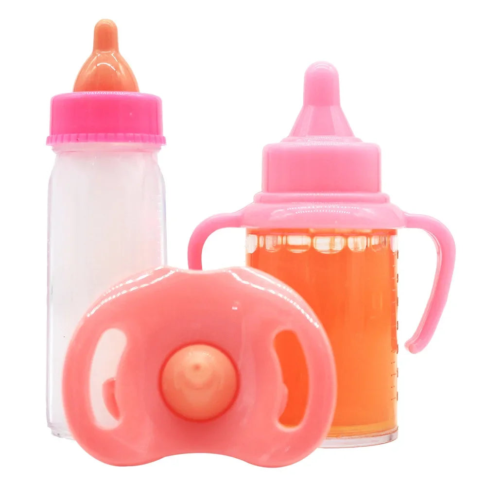 Baby Doll Feeding Bottle Set | 2 Bottles & Toy Pacifier | Doll Accessories | Pink & Blue