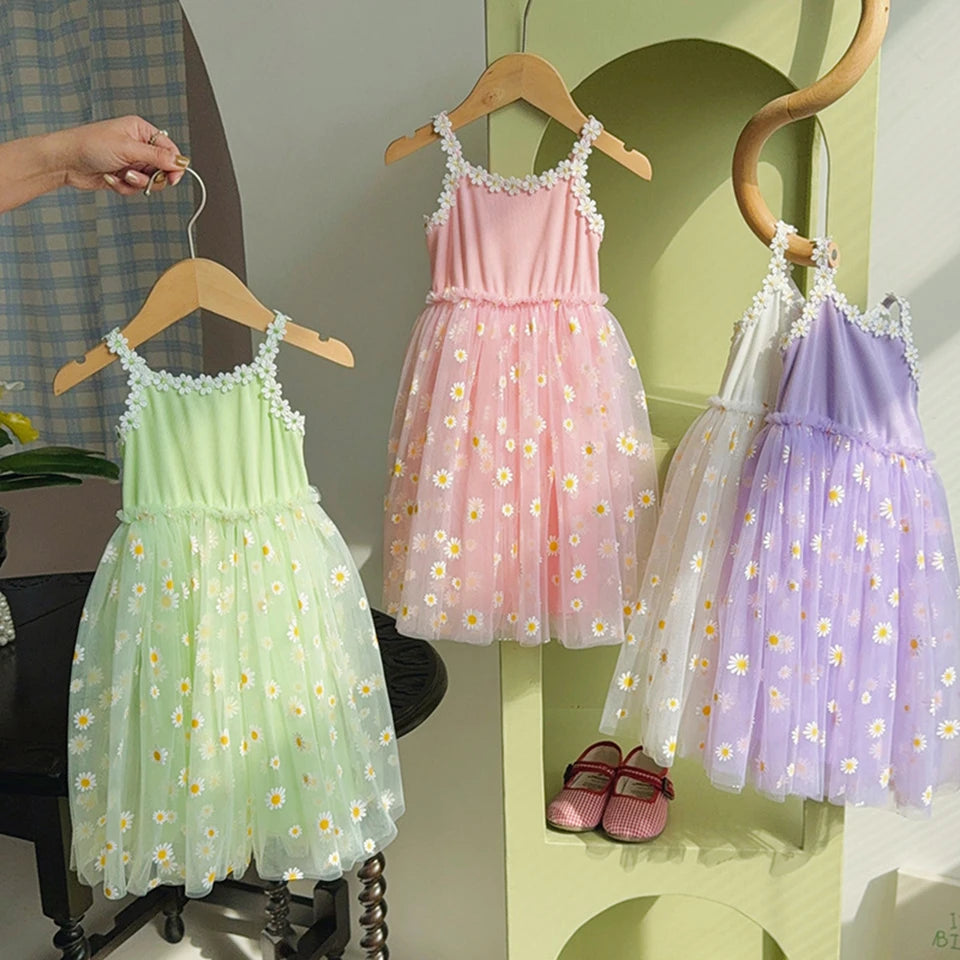 2026 Summer Girls Sling Dress Cute Daisy Print Tulle Skirt Casual Party Dress Kids Princess Dress with Lace Flower Trim 2-8Years