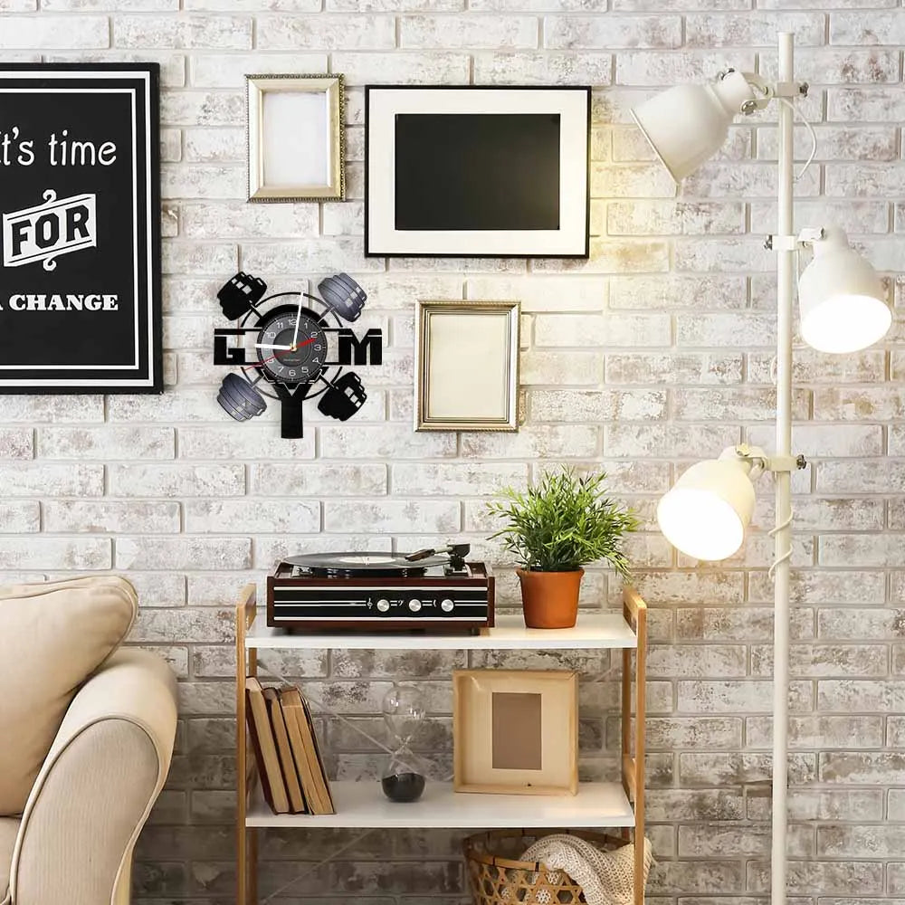 Fitness Equipment Theme Vinyl Record Fitness Wall Clock Home Decoration LED Backlight Modern Fitness Watch