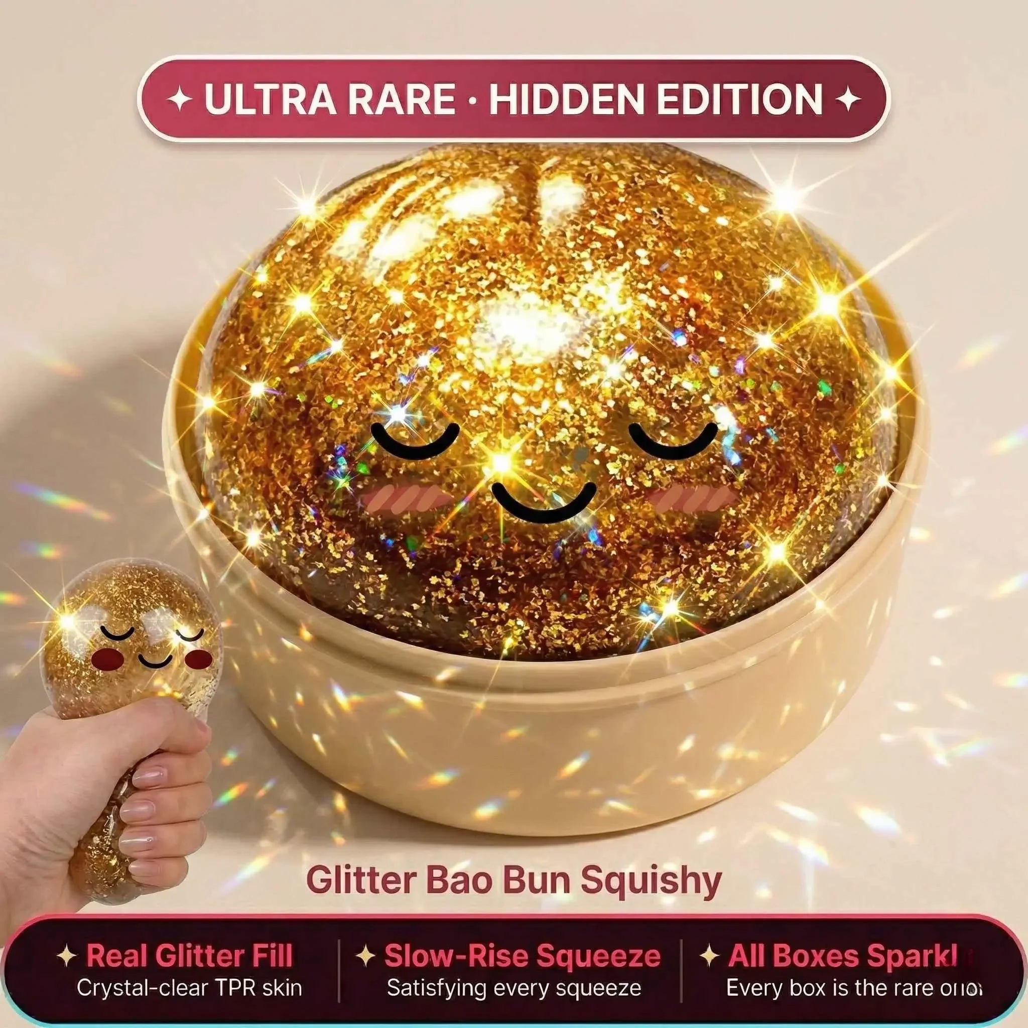 Gold Glitter Hidden Edition Dumpling Squishy | Viral Slow Rise Stress Relief Toy | Pink & Gold