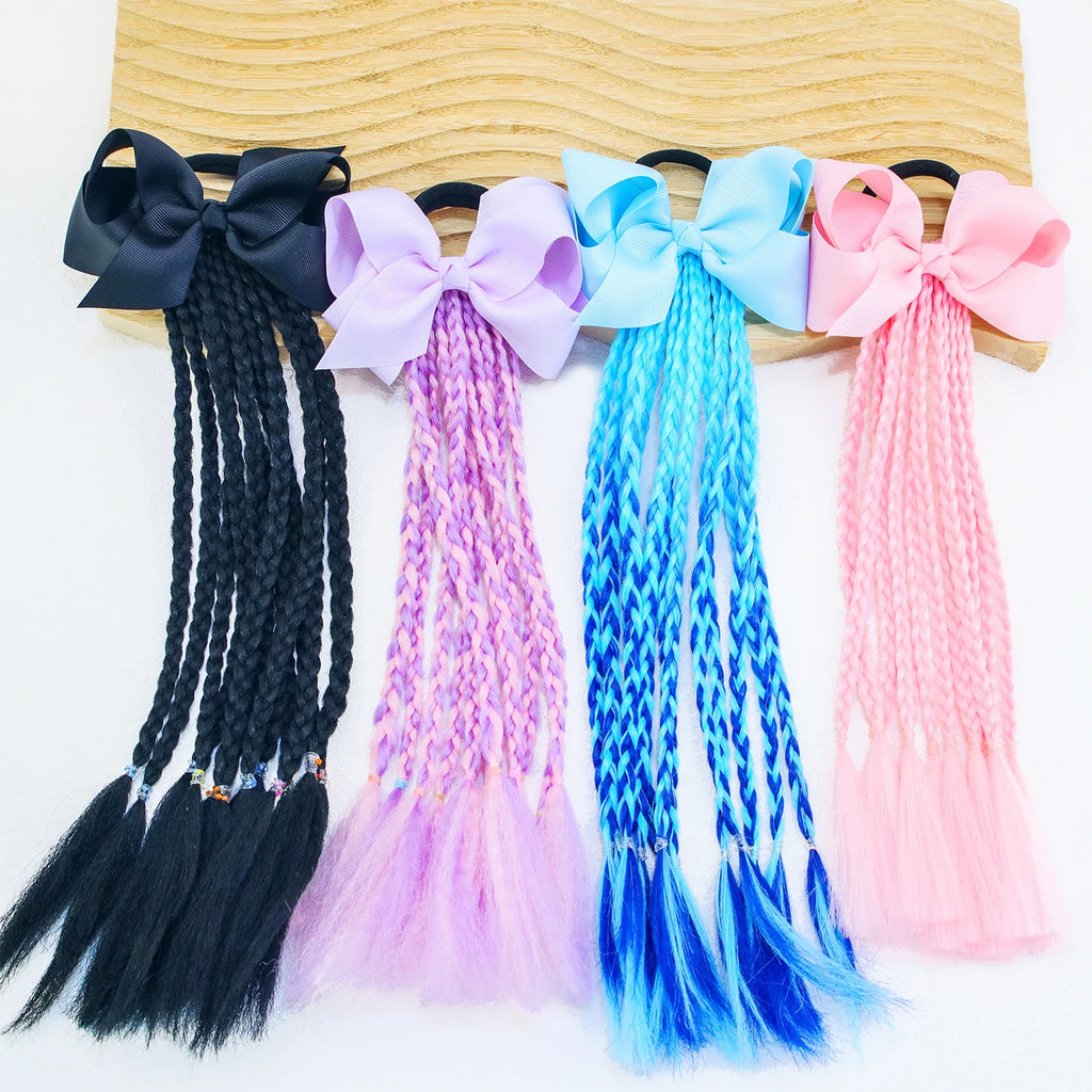 Girls Hair Bows Dirty Braids Colorful Twist Tie Wigs Ponytail Kids Hair Accessories 4'' Hair Bows Rubber Bands Princess Headwear