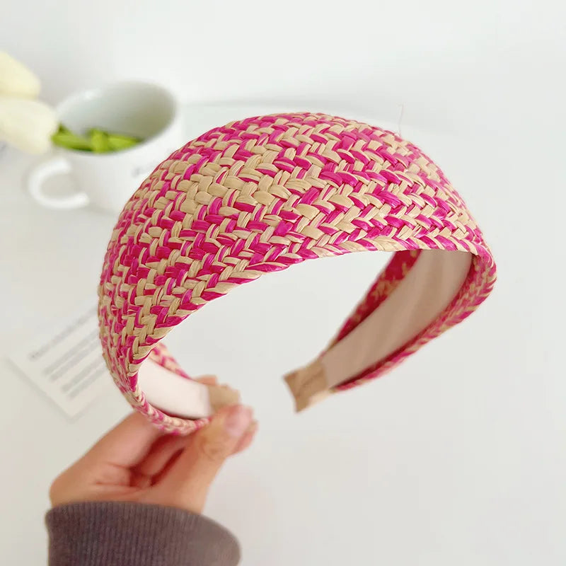 Woven Straw Braid Wide Headband Women Widened Anti Slip Linen Headwrap Travel Colored Striped Lafite Grass Hnitted Hair Hoops