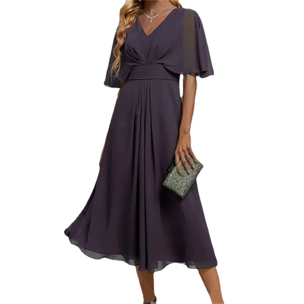 Women's V-Neck Ruffle Chiffon A-Line Maxi Dress