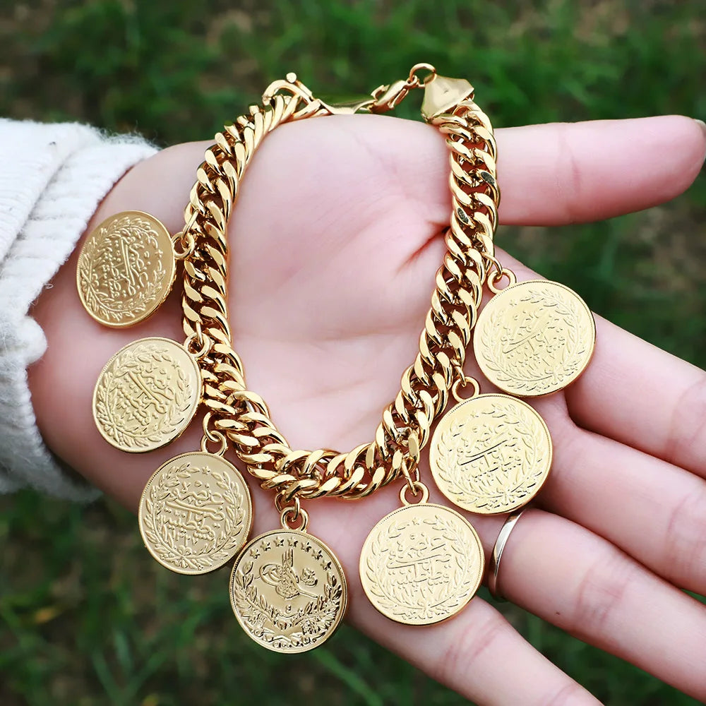 Turkish Coin Charm Bracelet – Gold-Tone Bangle for Women