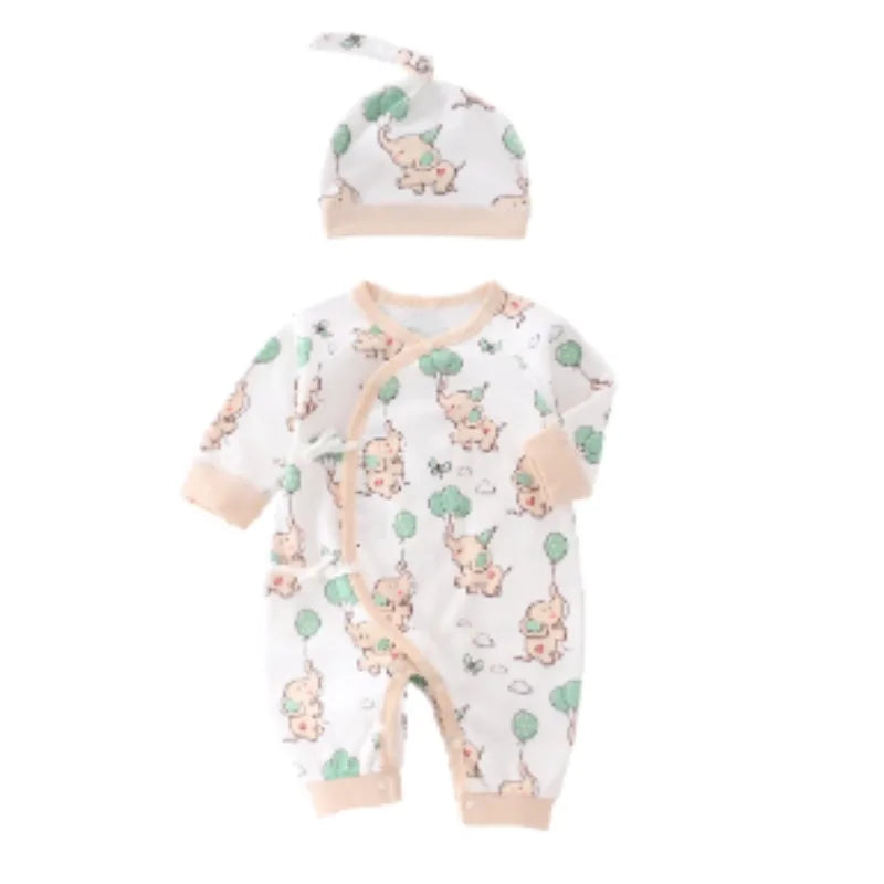 Newborn Baby Unisex Pure Cotton Cartoon Romper Onesie with Hat