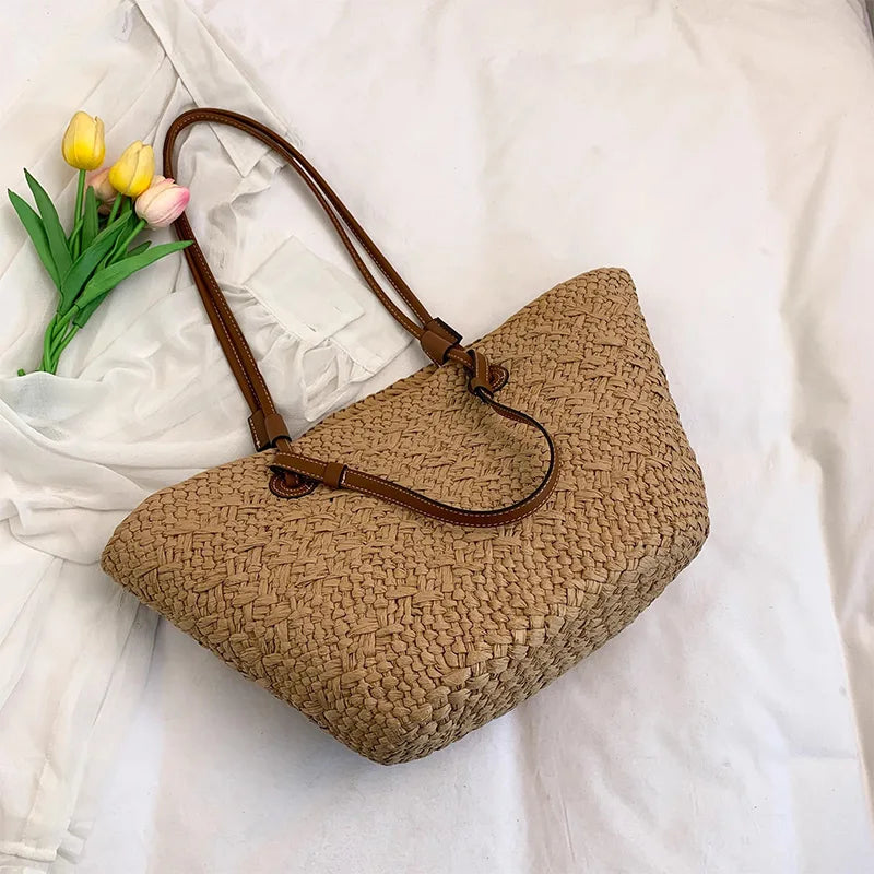 Women's Woven Straw-Style Bucket Tote Bag
