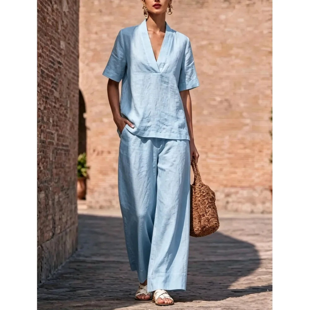 Summer Casual V-neck Short-sleeved Women Trousers 2-piece Set Fashion Casual Loose Wide-leg Trousers Female Lazy Daily Suit 2026