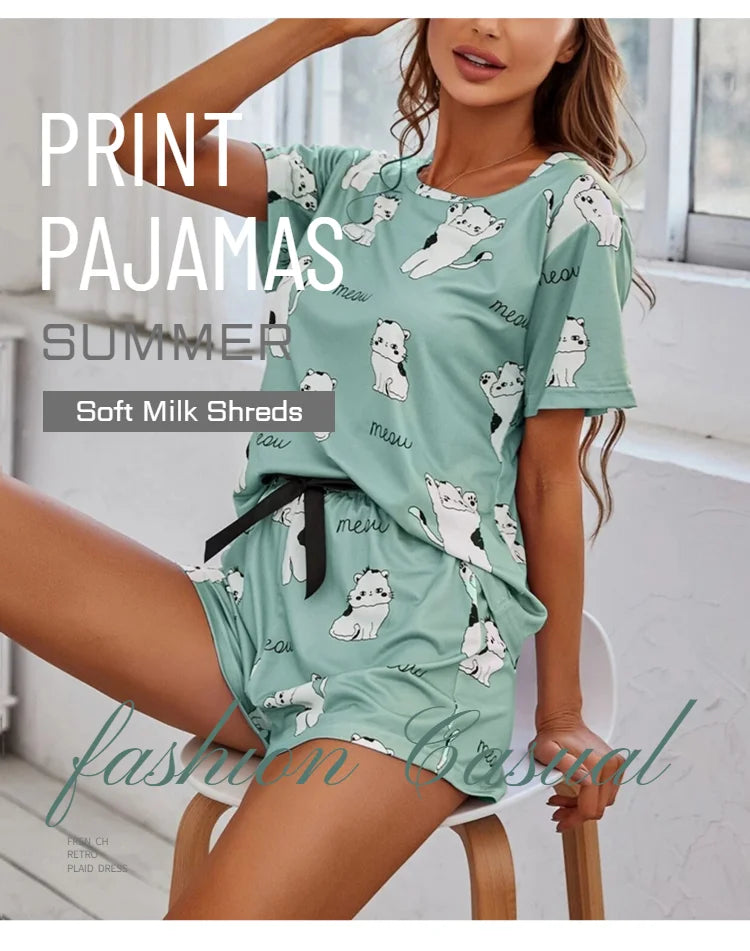 2026 Women Casual Cute Outdoor Shits with Shorts Pajamas Sets Short Sleeve Sleepwear 2 Piece Pjs Cartoon Cat Print Pyjamas Sets