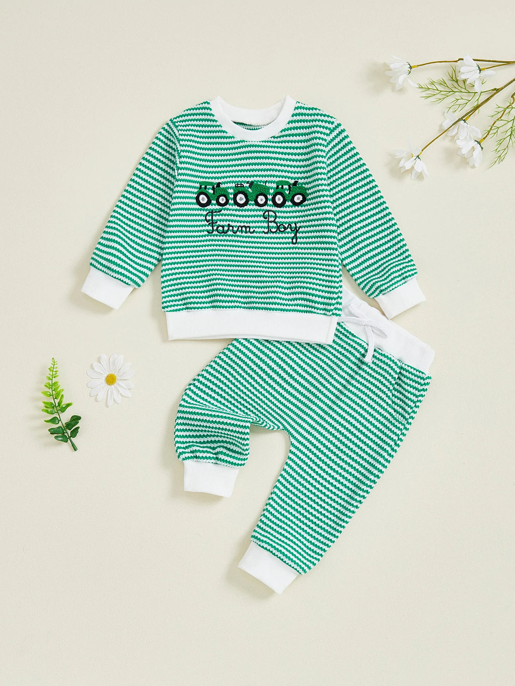 Baby Boy Truck Embroidery Striped Sweatshirt & Joggers Set