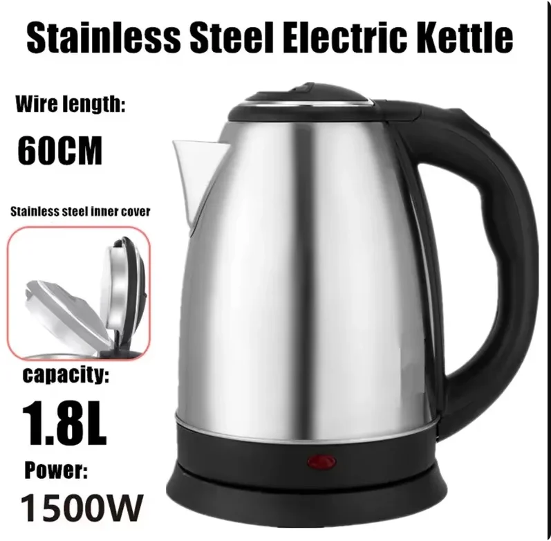1.8L 220V Stainless Steel Electric Kettle Silver Black Base Separation Desion Rust-resistant Durable for Home During Travel