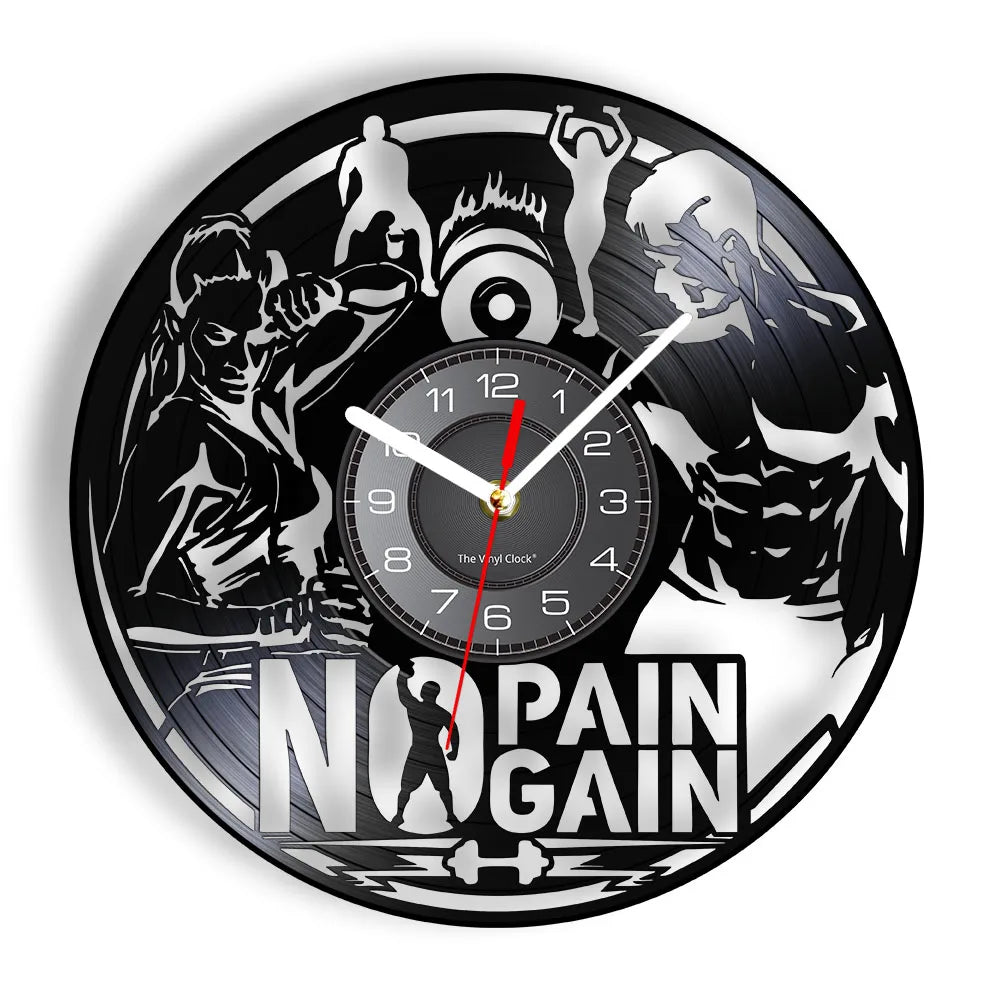 Fitness Equipment Theme Vinyl Record Fitness Wall Clock Home Decoration LED Backlight Modern Fitness Watch