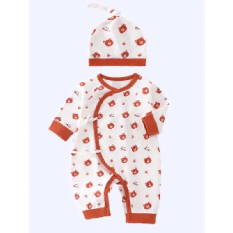 Newborn Baby Unisex Pure Cotton Cartoon Romper Onesie with Hat