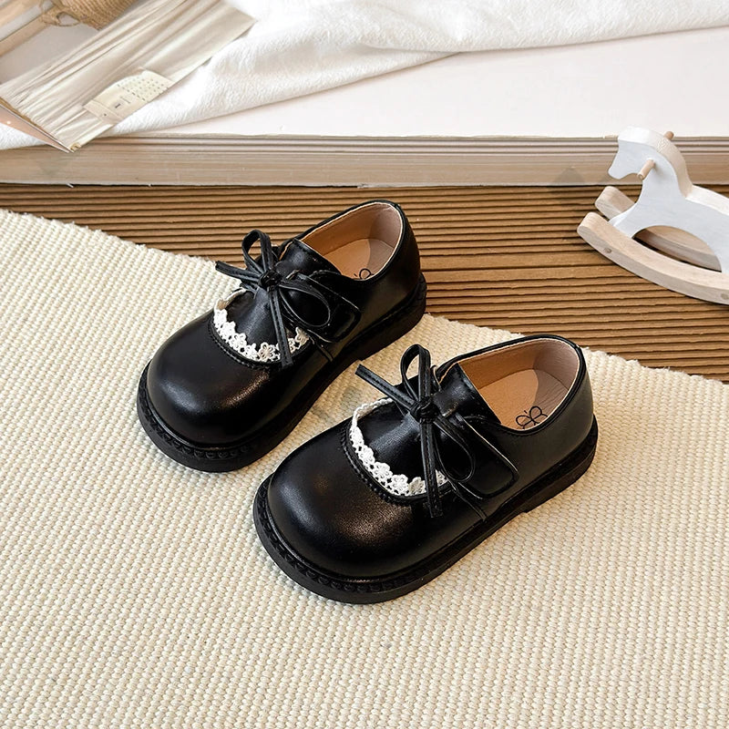 Girls Lace Trim Bow Mary Jane Princess Flat Shoes