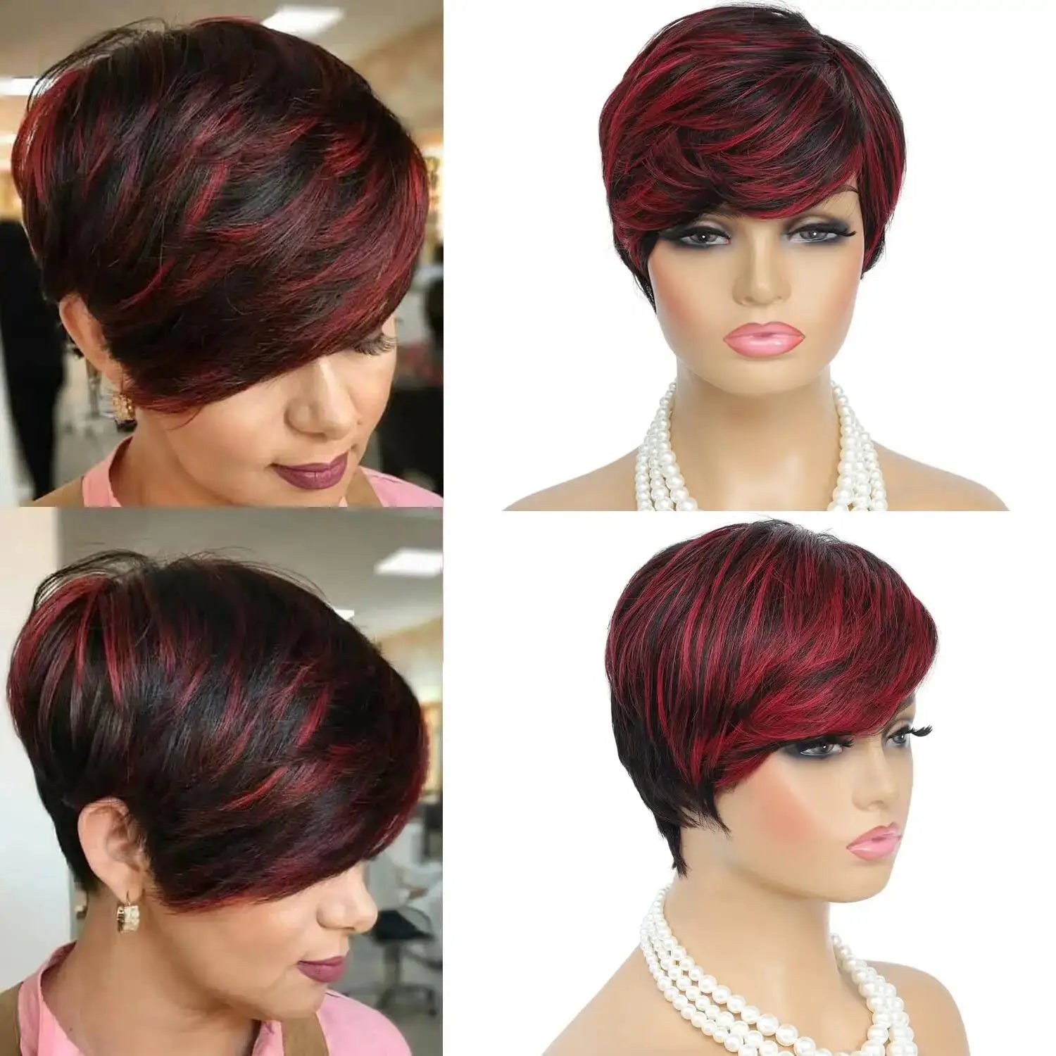 Short Hair Wigs for Black Women Ombre Red Wig Pixie Cut Wigs with Bangs Synthetic Short Pixie Wig for Black Women Natural Black