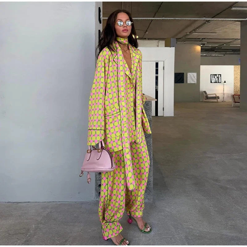 Loose Geometric Print Shirt Pant Sets for Women Ribbon Lapel Full Sleeve Pocket Shirts Wide Leg Trouser Summer Casual Suits