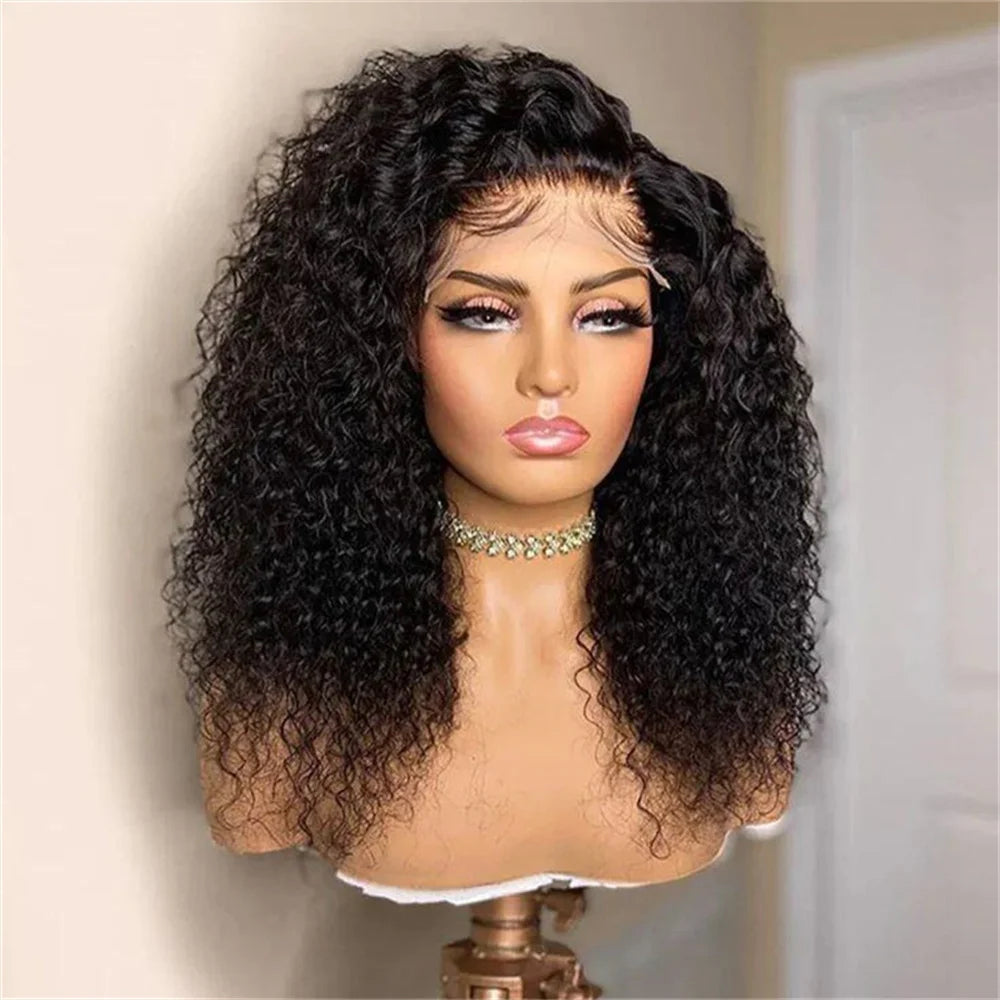 Soft Natural Black Long 26Inch Glueless Kinky Curly Lace Front Wig For Women With Baby Hair Synthetic Preplucked Daily