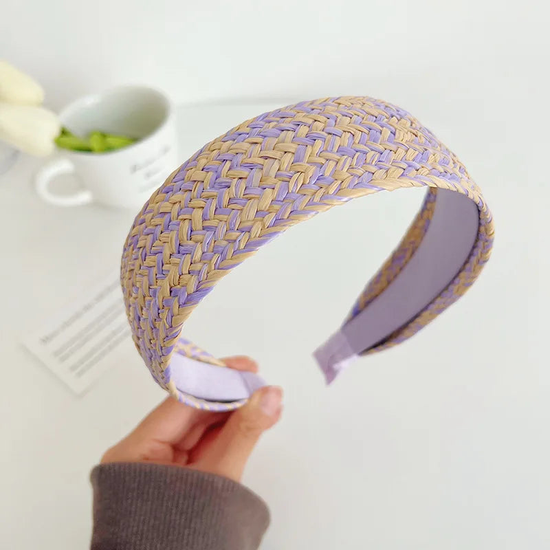 Woven Straw Braid Wide Headband Women Widened Anti Slip Linen Headwrap Travel Colored Striped Lafite Grass Hnitted Hair Hoops