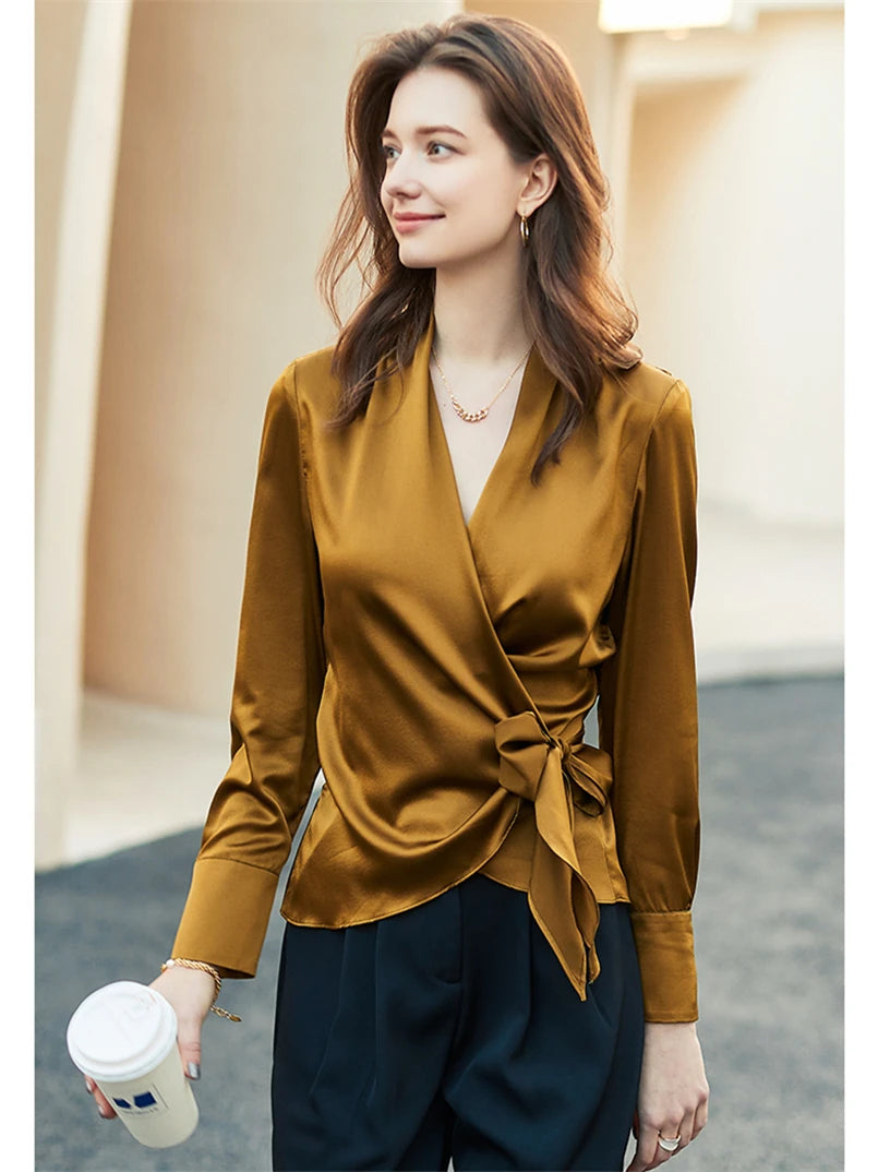 Women's Plus Size Satin Cross Lace-Up Blouse