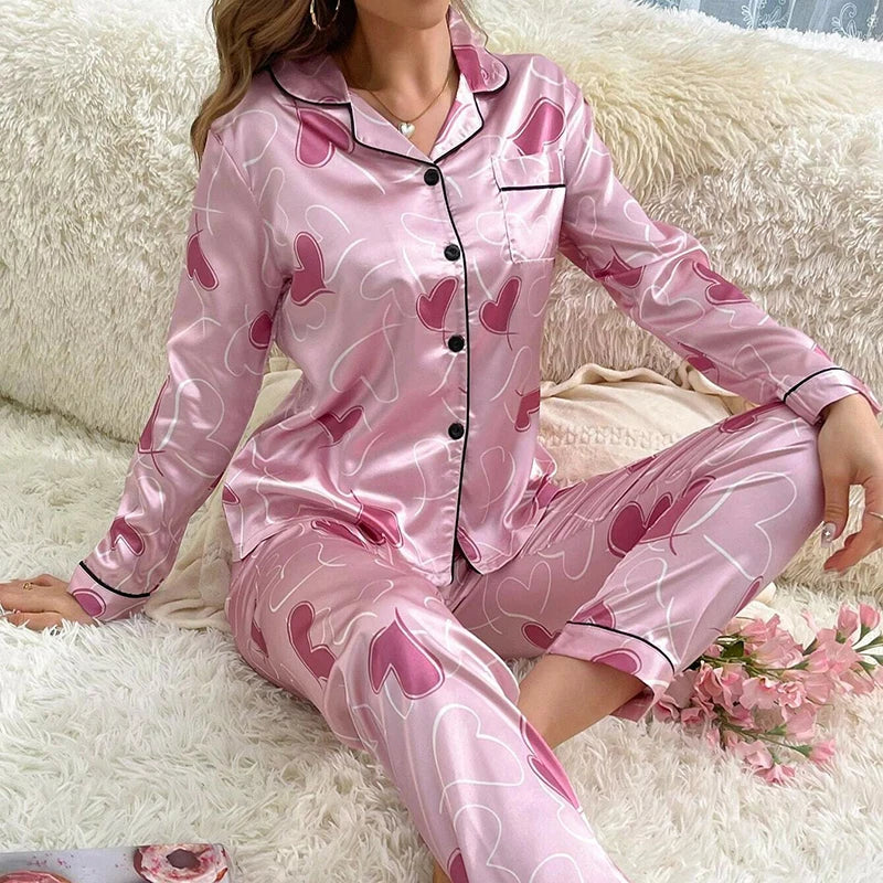 Women’s Satin Print Long Sleeve Button-Up Pajama Set – Full-Length Pants, 11 Colors, Sizes S–1XL