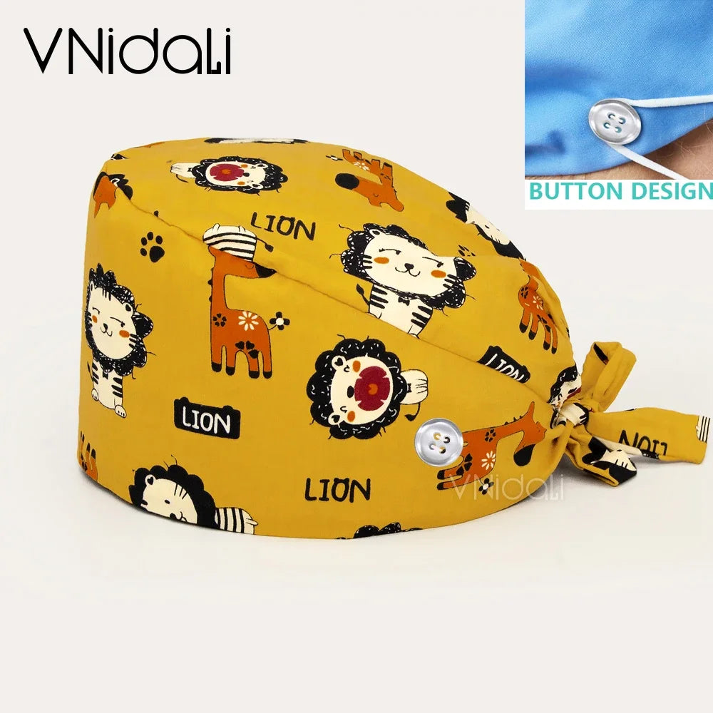 Floral Cotton Scrub Cap with Button – Adjustable Surgical Hat for Nurses, Doctors & Pet Groomers | 17 Colors