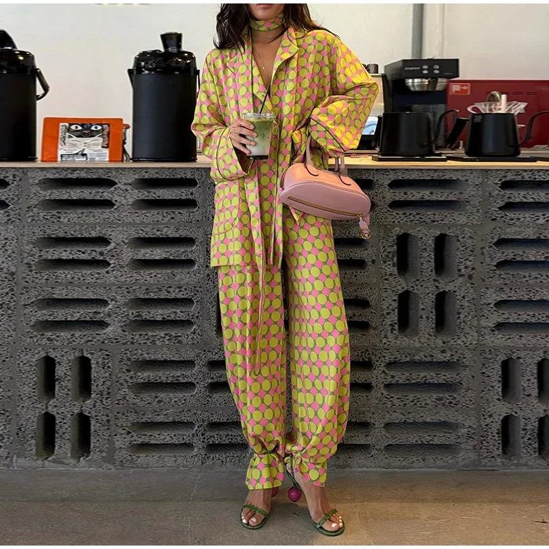 Loose Geometric Print Shirt Pant Sets for Women Ribbon Lapel Full Sleeve Pocket Shirts Wide Leg Trouser Summer Casual Suits