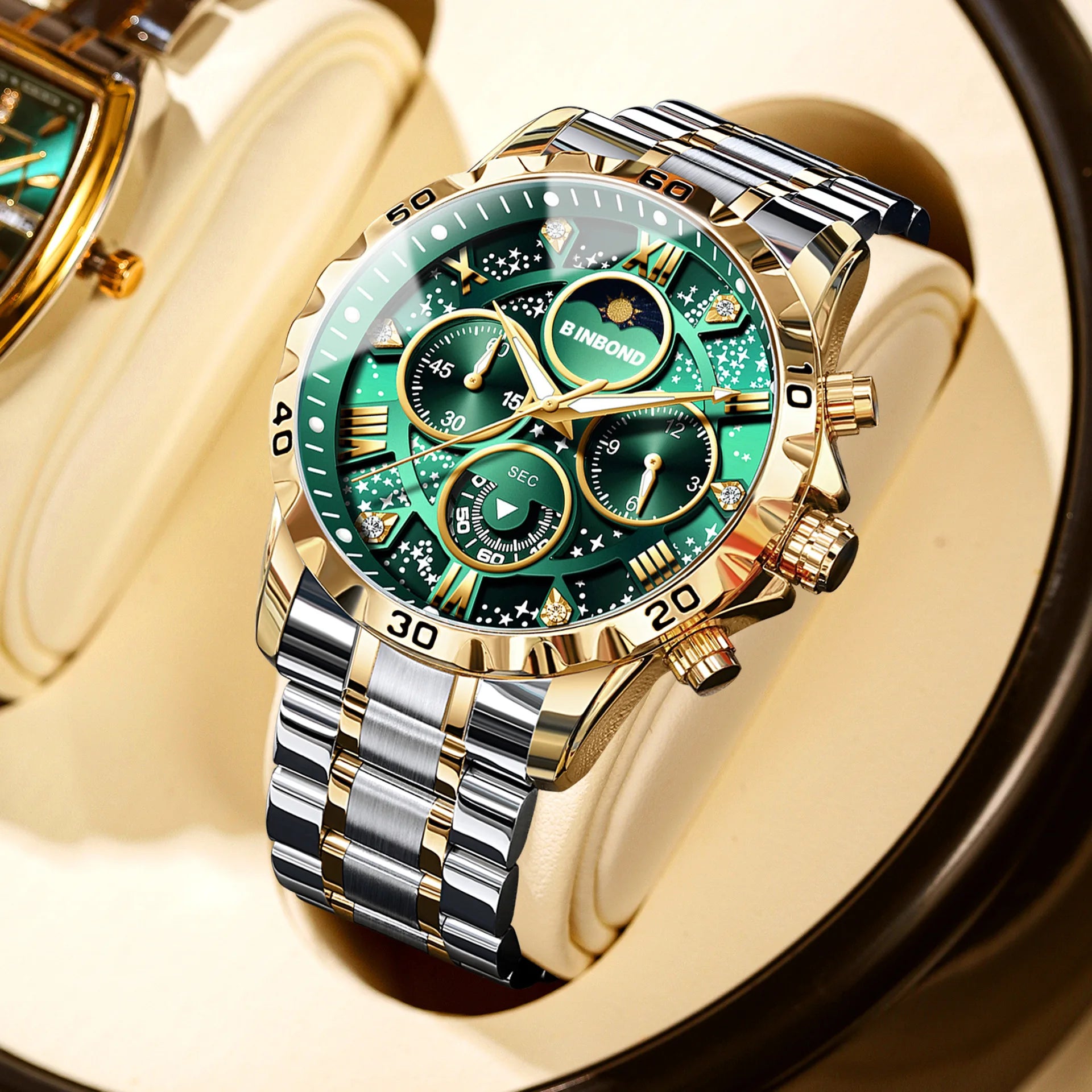 Men Watch Light Luxury Business Steel Belt Moonphase Starry Night Light Waterproof Men's Fashion Quartz Clock Watches Gift