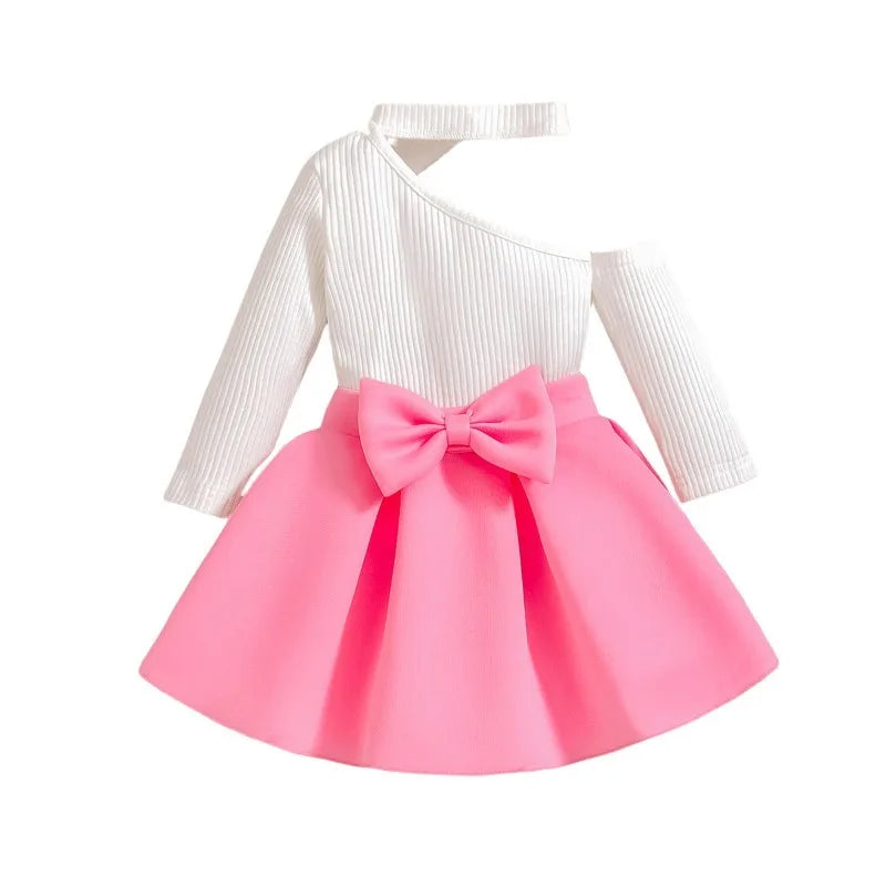 Girls' Off-Shoulder Bow Ruffle Sleeve Two-Piece Dress Set