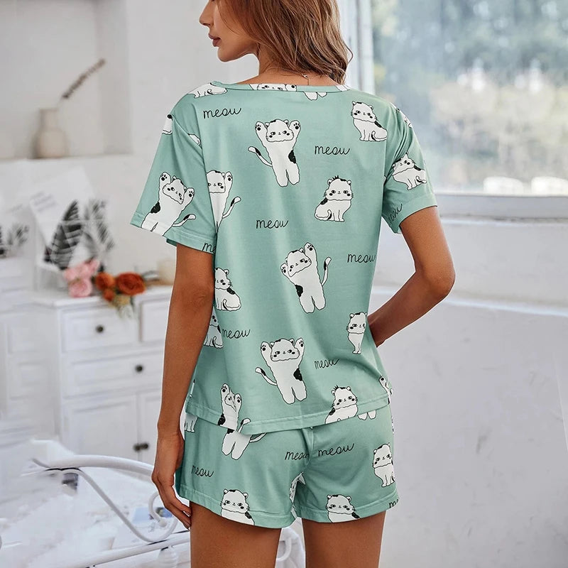2026 Women Casual Cute Outdoor Shits with Shorts Pajamas Sets Short Sleeve Sleepwear 2 Piece Pjs Cartoon Cat Print Pyjamas Sets
