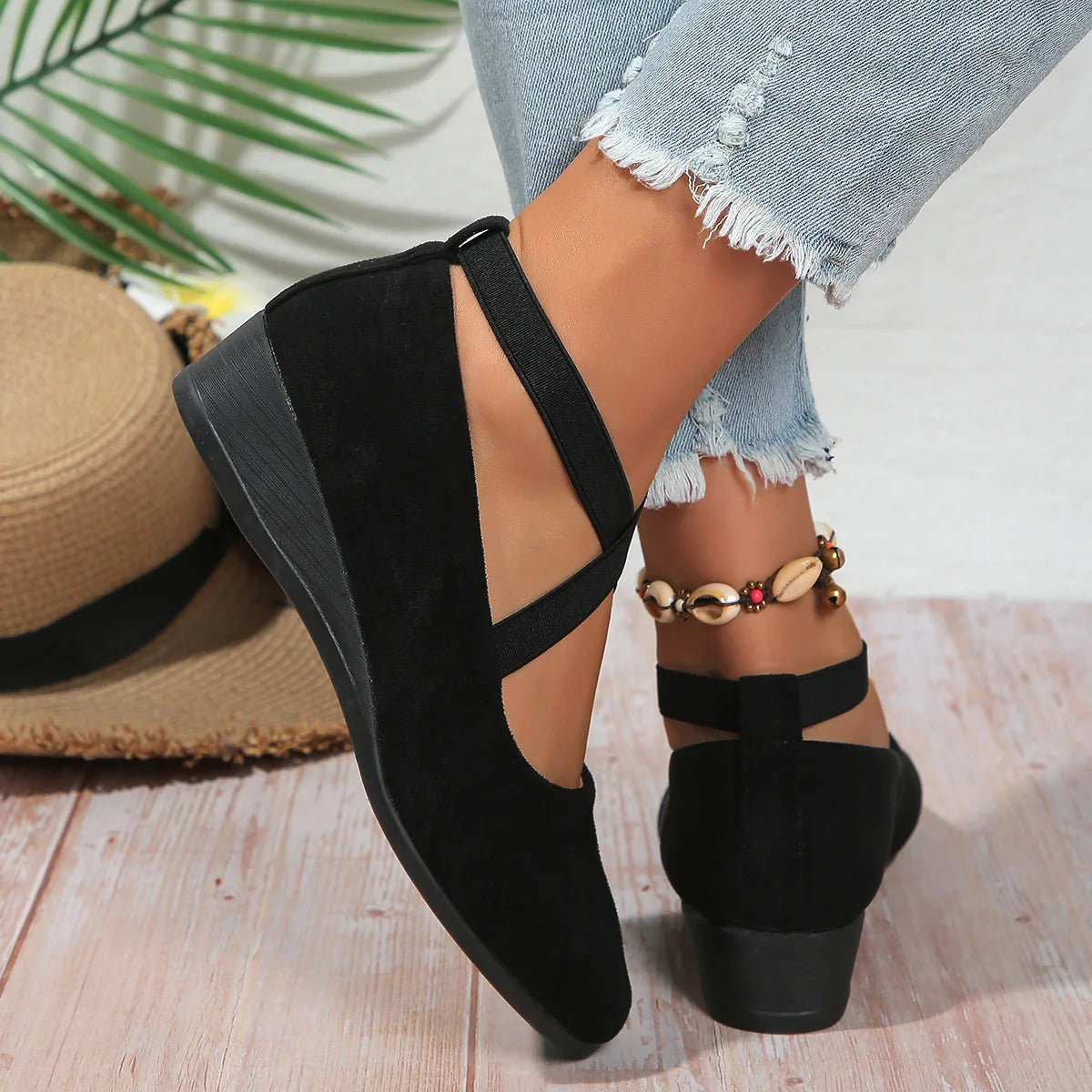 Women's Wedge Heel Pointed Toe Ankle Strap Pumps