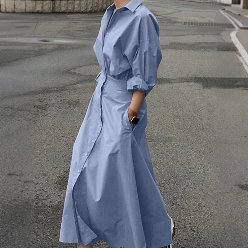 Women's Summer Long Dresses 2026 Spring Fall New Clothes Blue Puff Sleeves Botton Simple Casual Maxi Shirts Dresses for Women