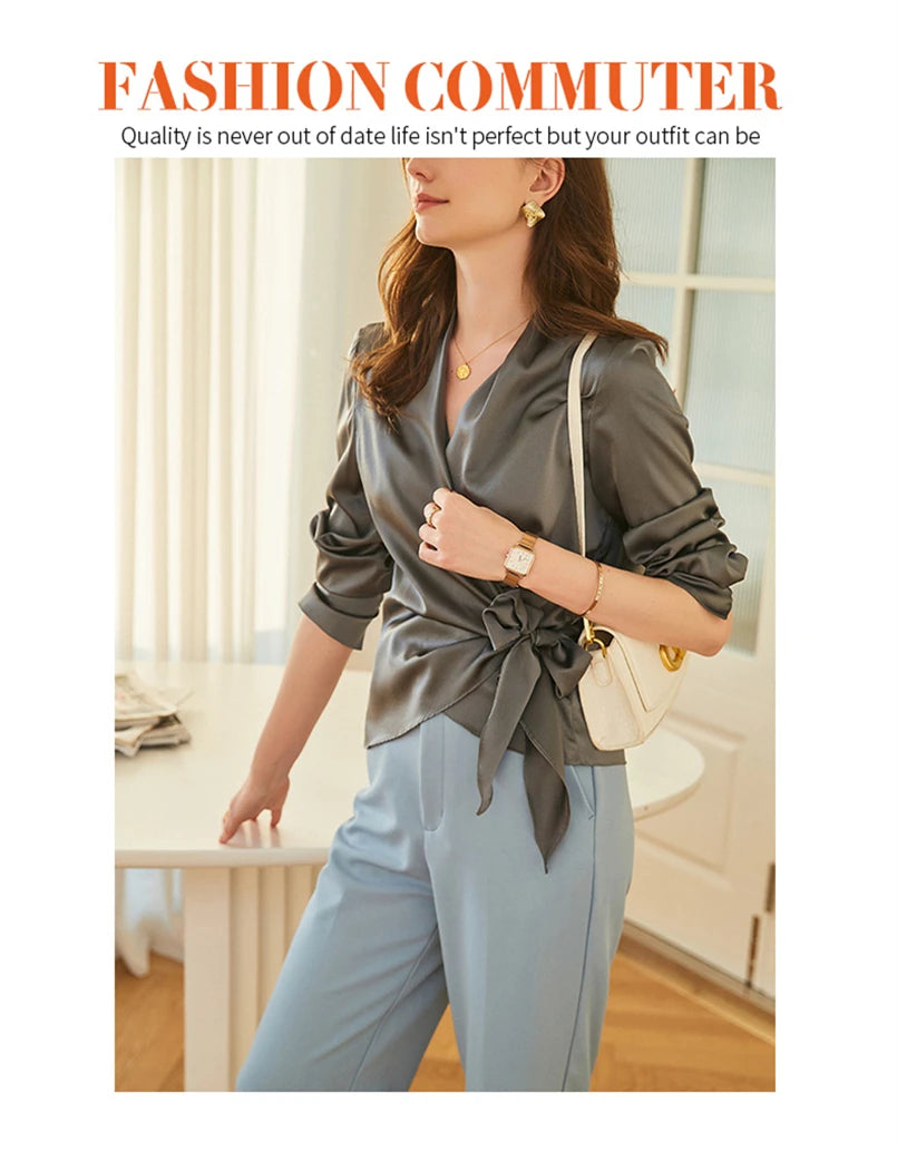 Women's Plus Size Satin Cross Lace-Up Blouse