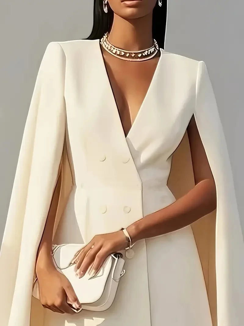 2025 Women Fashion Commuter Solid Blazers Dress Office Double Breasted Waist Party Dress Elegant V-neck Shawl Cape Sleeve Dress