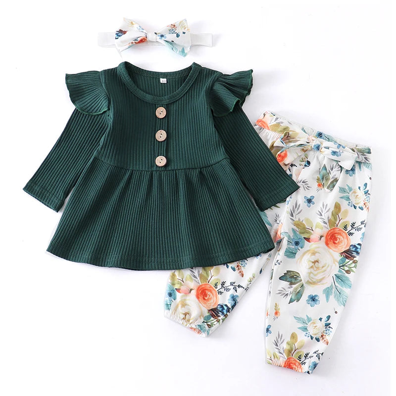 Newborn Baby Girl 3-Piece Knit Top, Floral Pants & Headband Set
