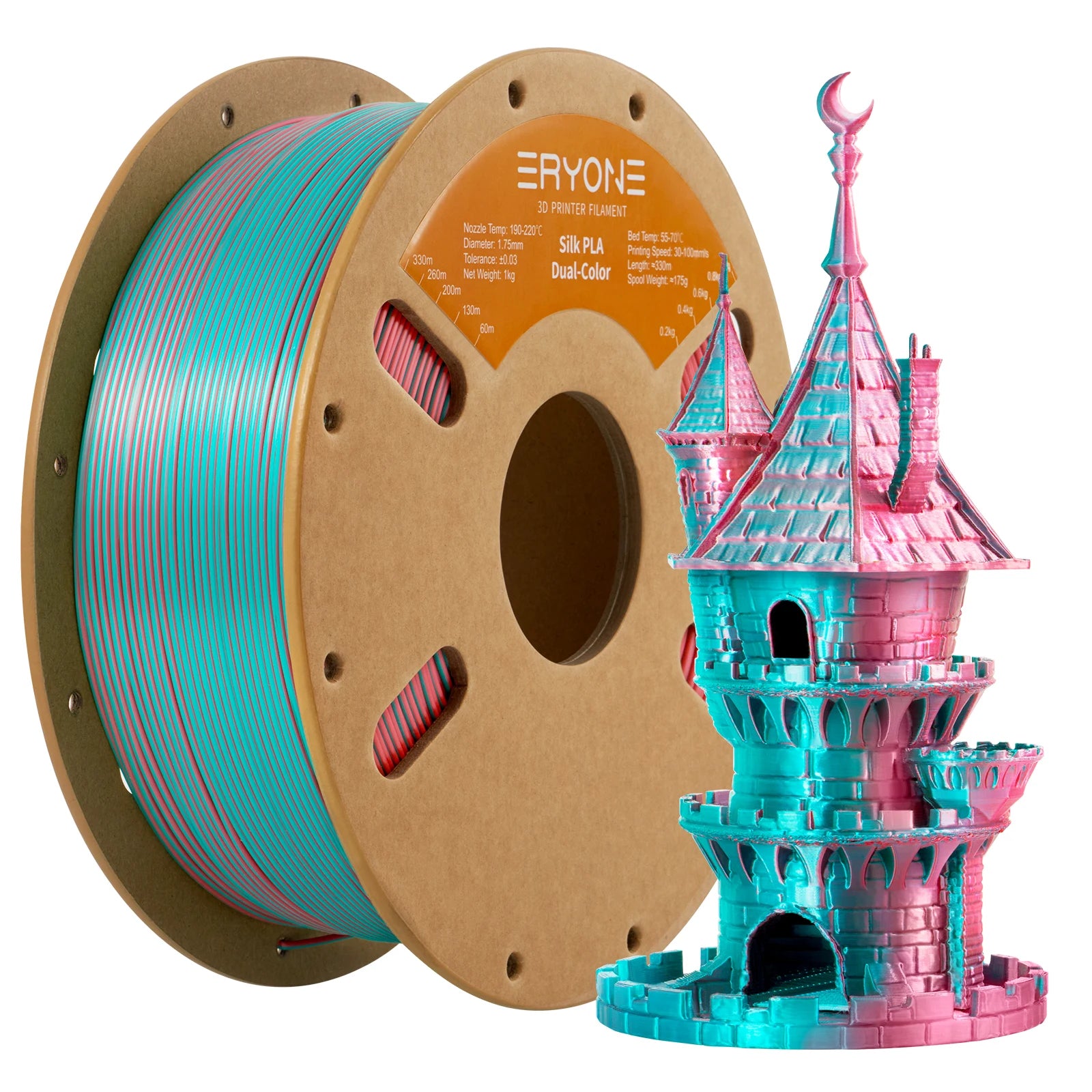 ERYONE 1KG Silk Dual Color PLA Series 3D Printer Filament 1.75mm, Dual-Color Coextrusion Silky Shiny Finish, 1kg Spool