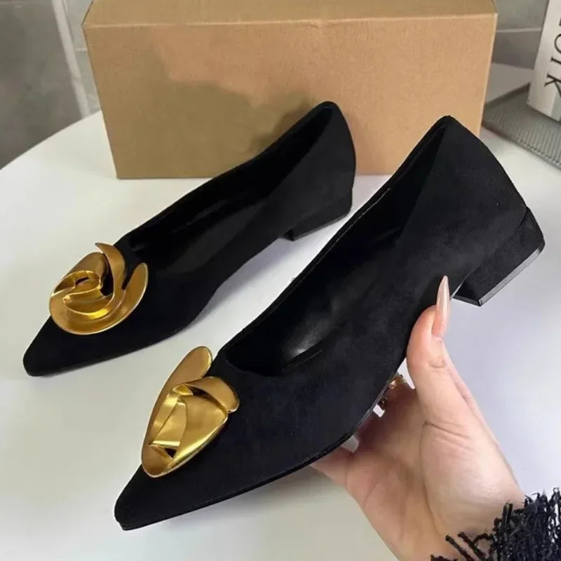Women's Metal Flower Flock Pointed Toe Flats