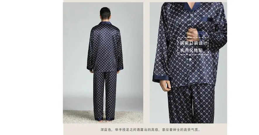 2026Men's Spring Summer Pajamas Sets Long Sleeve Tops&Pants Two-pieces Satin Home Clothes Male Ice Silk Printed Lounge Nightwear