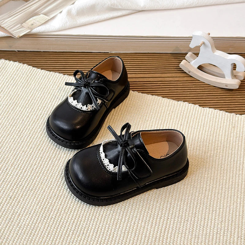 Girls Lace Trim Bow Mary Jane Princess Flat Shoes