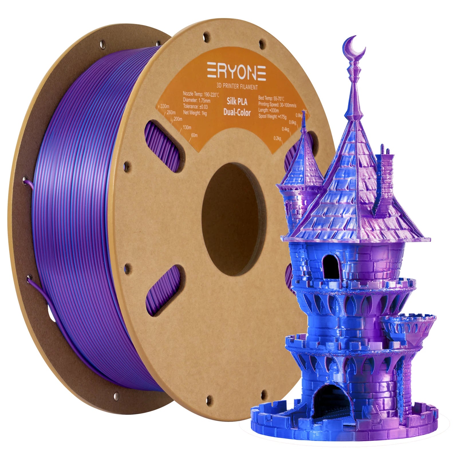 ERYONE 1KG Silk Dual Color PLA Series 3D Printer Filament 1.75mm, Dual-Color Coextrusion Silky Shiny Finish, 1kg Spool
