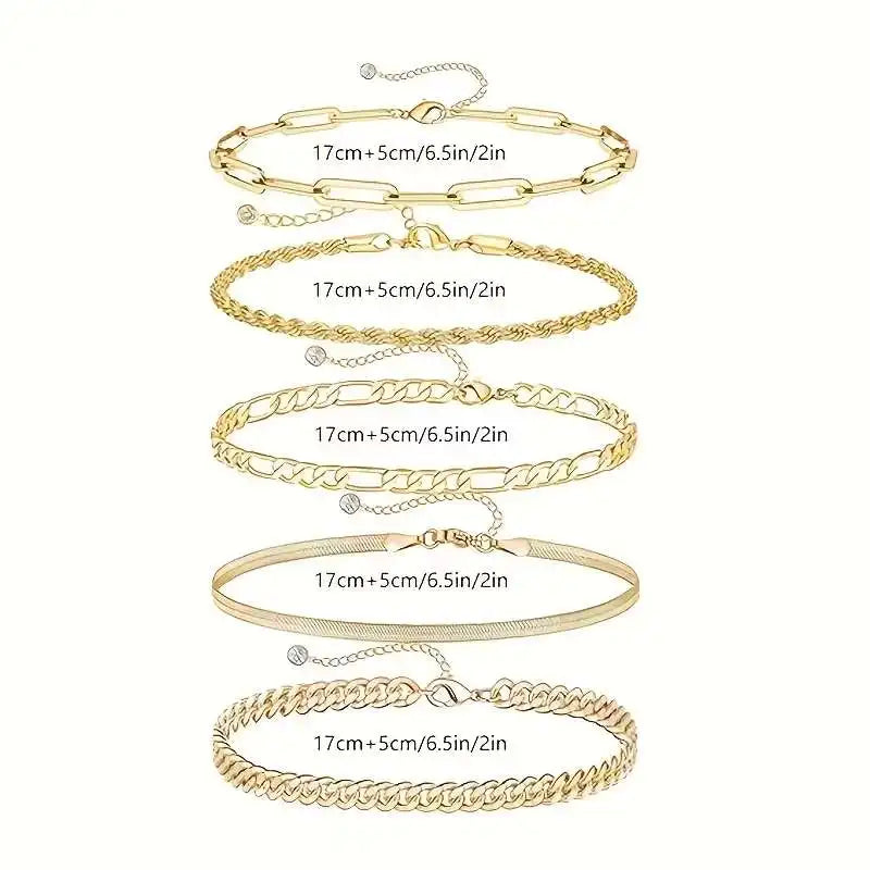Gold Bracelet Set – 5-piece set, featuring a Cuban chain, bow-tie chain, and simple bracelets. Perfect for everyday wear and gifts, punk-style jewelry collection. Ideal for autumn and winter accessories. Perfect for parties