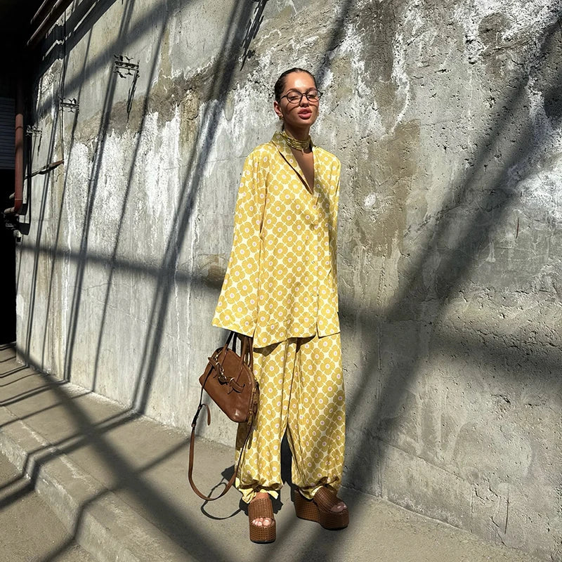 Loose Geometric Print Shirt Pant Sets for Women Ribbon Lapel Full Sleeve Pocket Shirts Wide Leg Trouser Summer Casual Suits