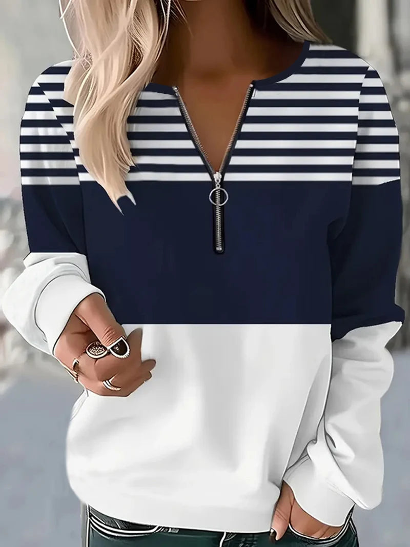 Women's quarter-zip pullover with stripes, suitable for street wear, daily use, printed casual style, round neck, long sleeve, s