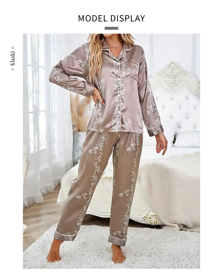 2026 Women Satin Pajama Casual Sleepwear Home Suit Spring Long Sleeve Button Up Top & Pants Nightwear Loungewear Pyjama Femme