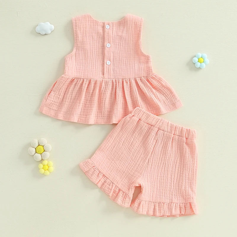 Toddler Girl Summer Tank Top & Ruffled Shorts Set – Bow Crew Neck 2-Piece Outfit