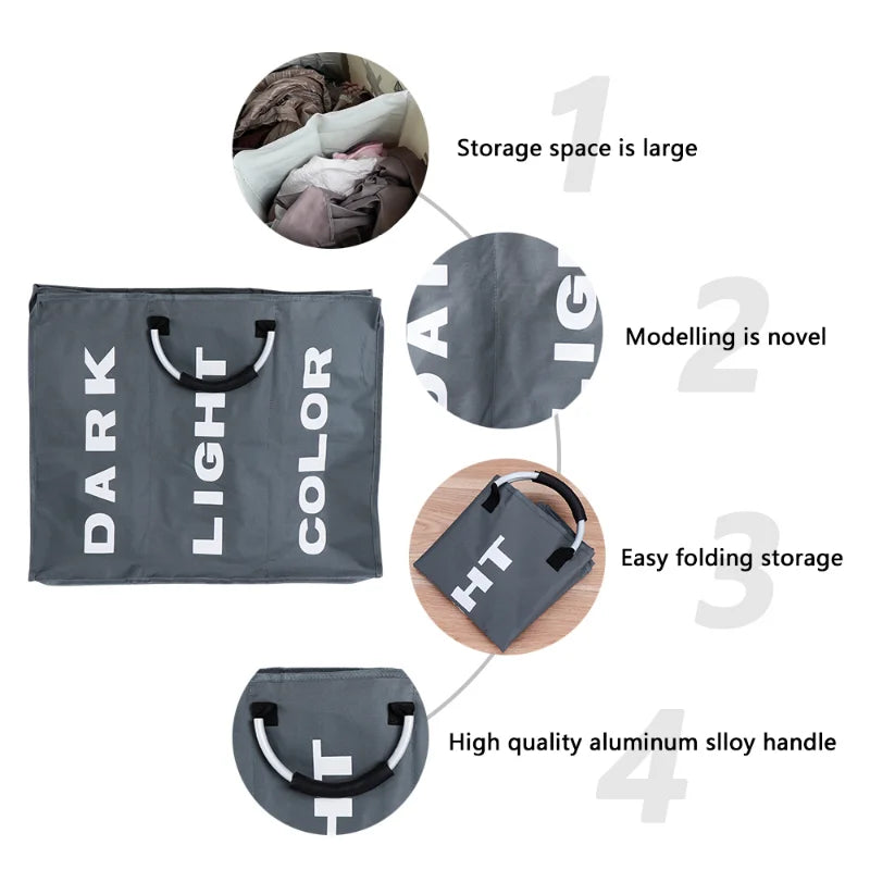 1PC Foldable Home Laundry Basket Large Dirty Laundry Basket Hamper 3 Section Oxford Cloth Dirty Clothes Bag with Aluminum Handle